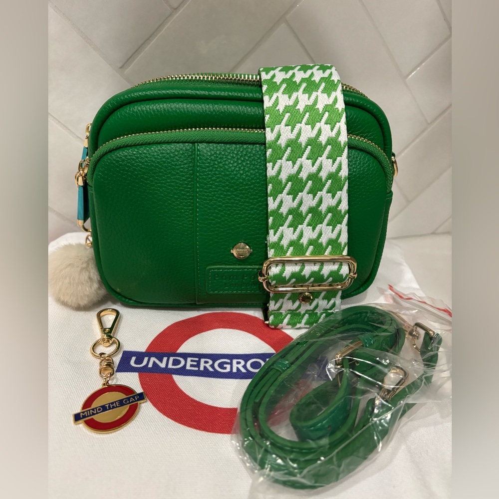 Pom Pom London Original Bag District Line Green houndstooth strap keychain NWT